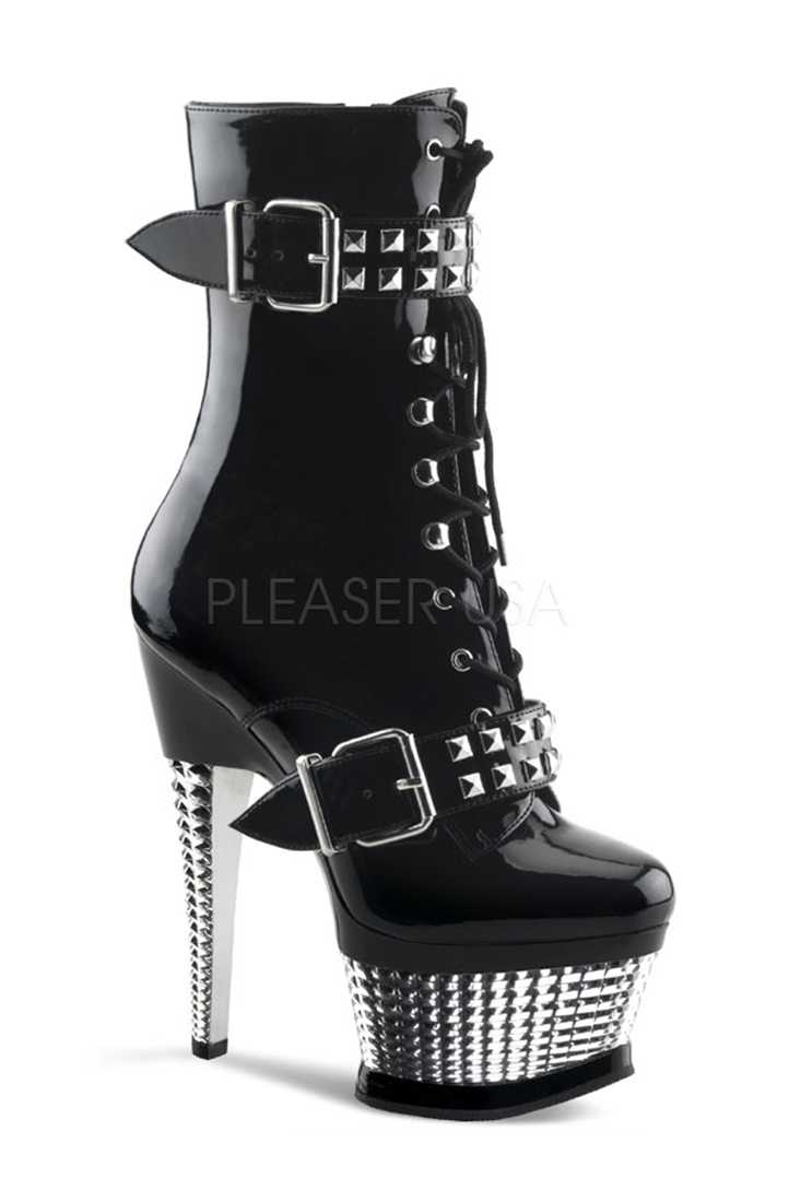 Black Silver Chrome Lace Up Studded Straps Platform High Heel Booties