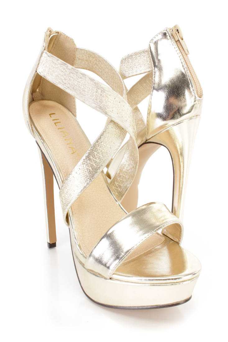 Gold Cross Strappy Platform High Heels Faux Suede