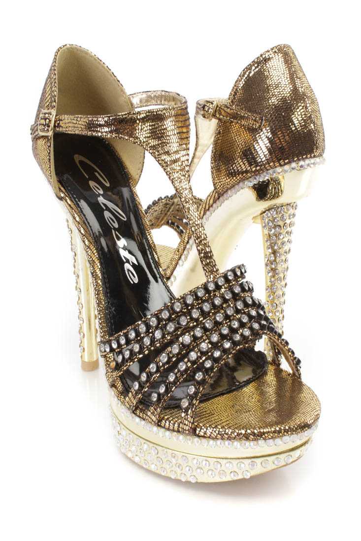 Gold T Strap Rhinestone Platform High Heels Shimmer Fabric