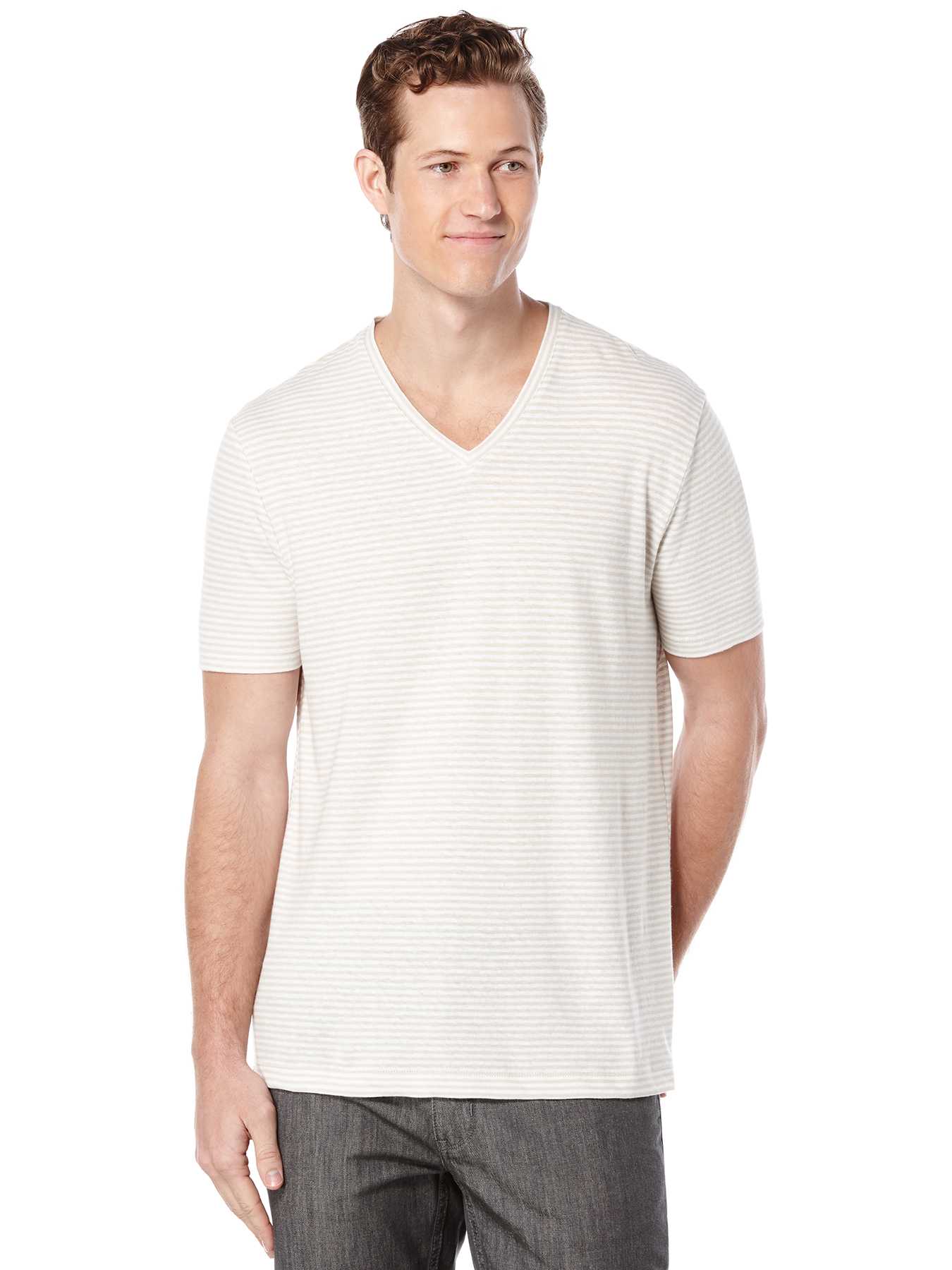 Perry Ellis Short Sleeve Linen Stripe V-Neck Shirt