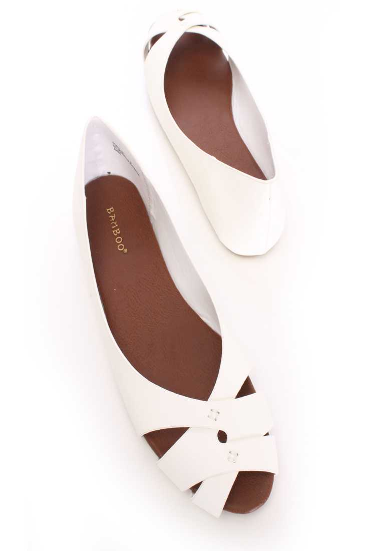 White Peep Toe Cut Out Flats Faux Leather