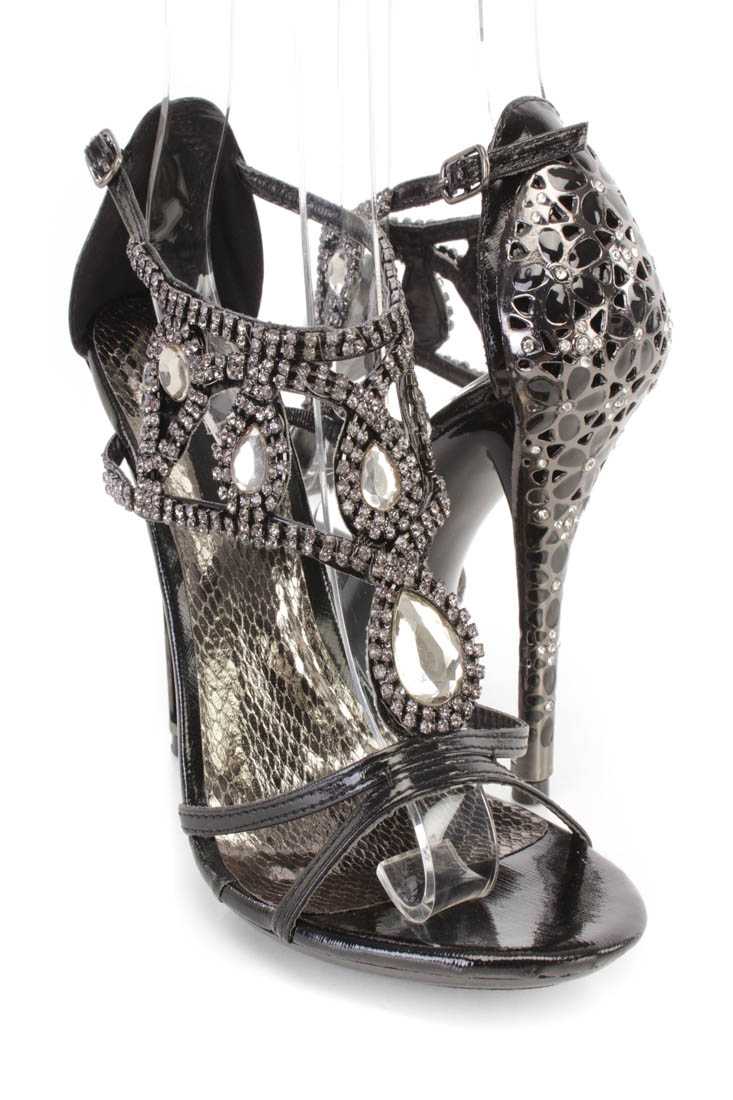 Black Rhinestone Single Sole High Heels Faux Leather