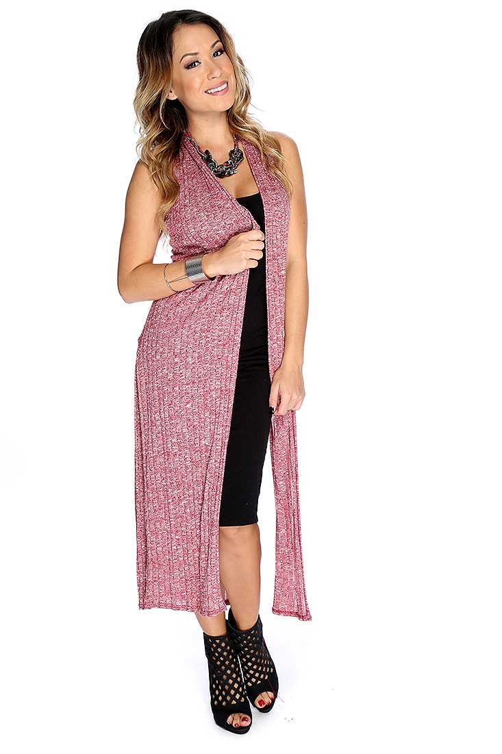 Burgundy Open Front Sleeveless Side Slit Long Knitted Vest