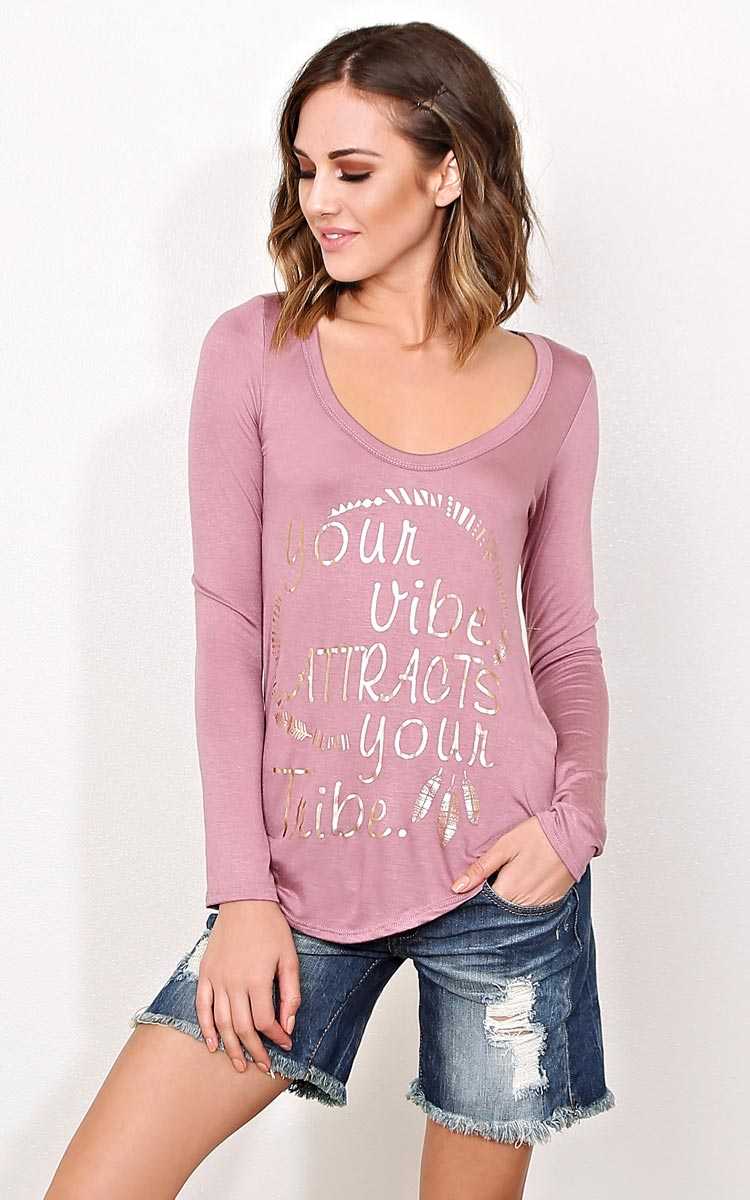 YOUR VIBE ATTRACTS YOUR TRIBE Knit Top - LGE - Mauve in Size Large by Styles For Less