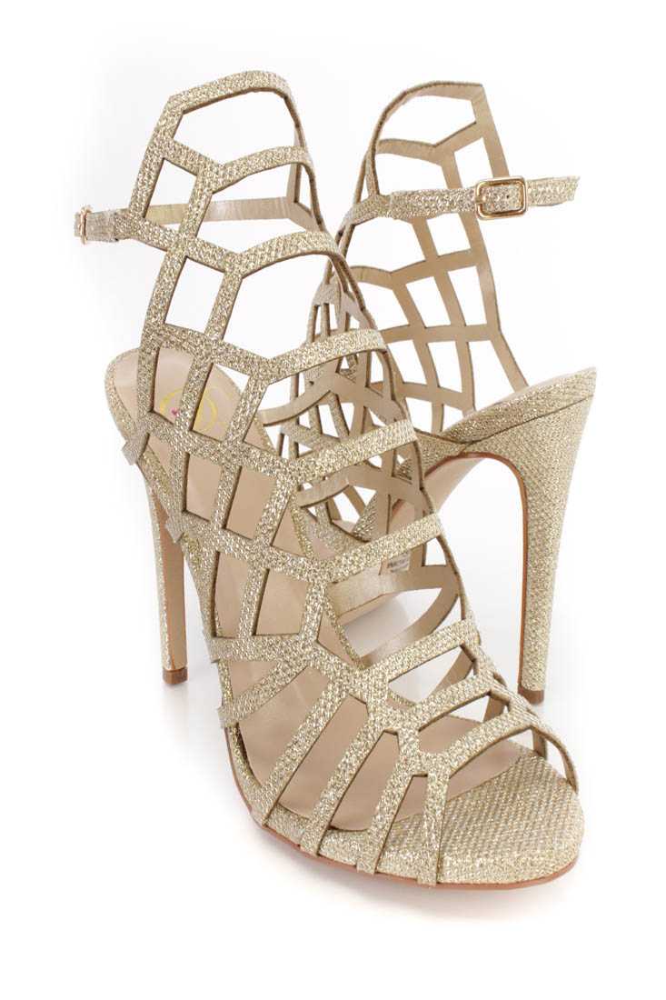 Light Gold Strappy Single Sole High Heels Glitter