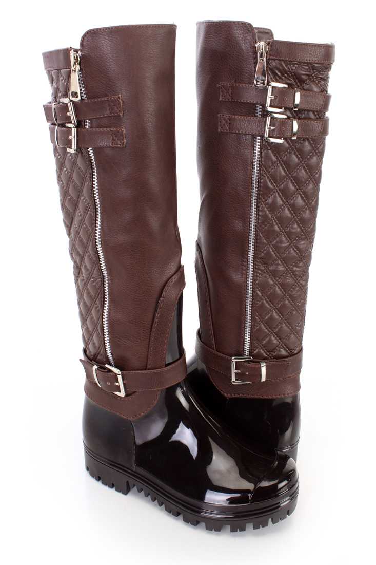 Brown Stitched Quilted Riding Boots Faux Leather