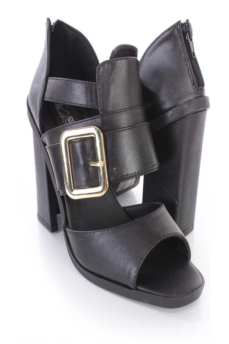 Black Peep Toe Strappy Large Buckle Single Sole Chunky Heel Booties Faux Leather