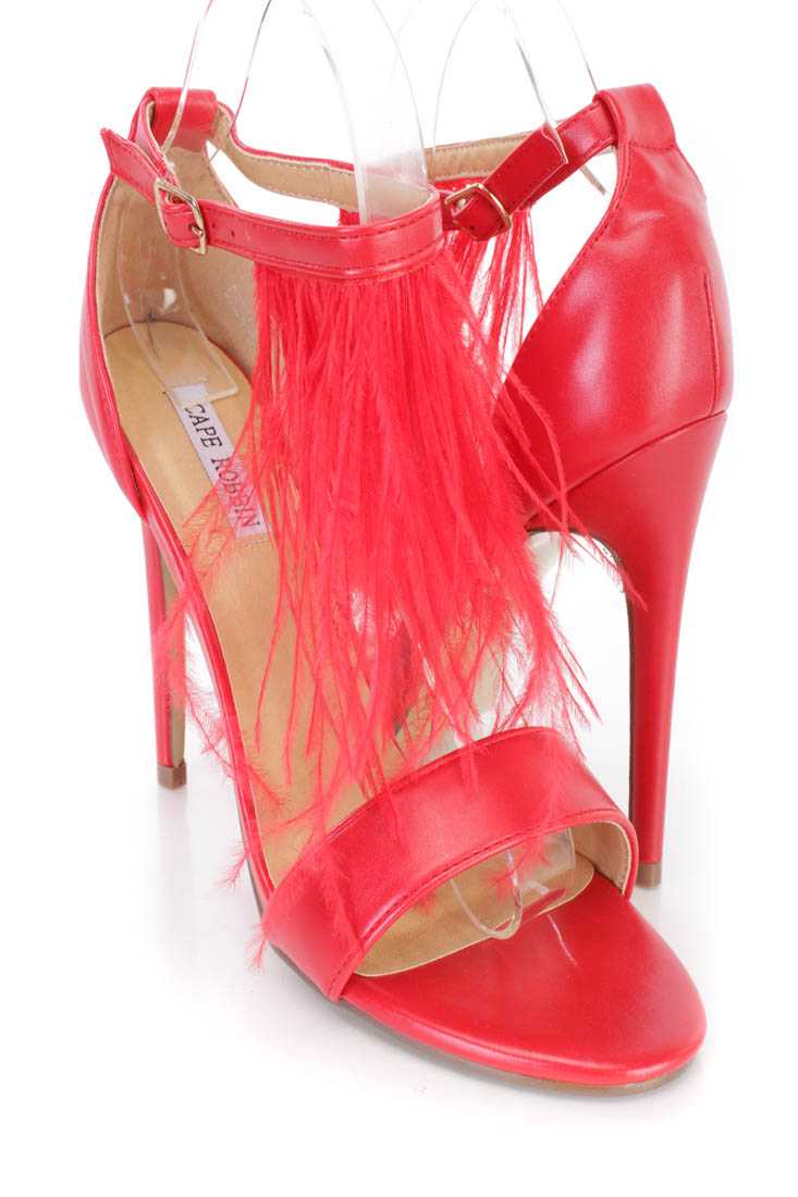 Red Marabou Feather Single Sole Heels Faux Leather
