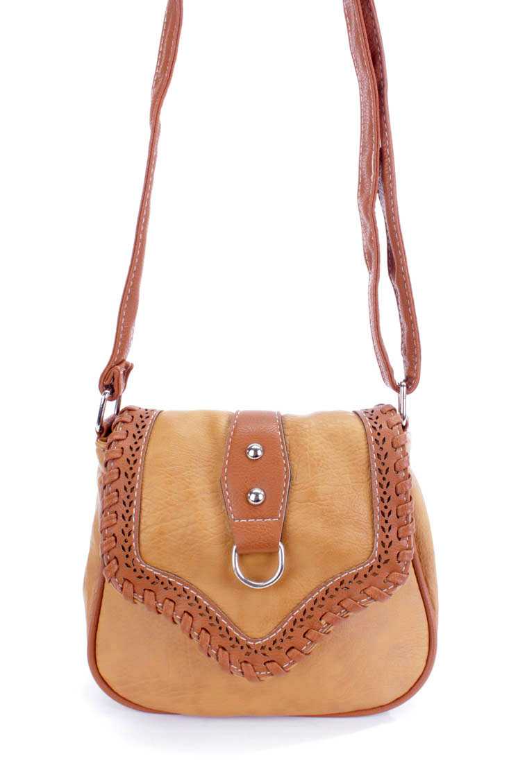 Tan Two Tone Faux Leather Saddle Handbag
