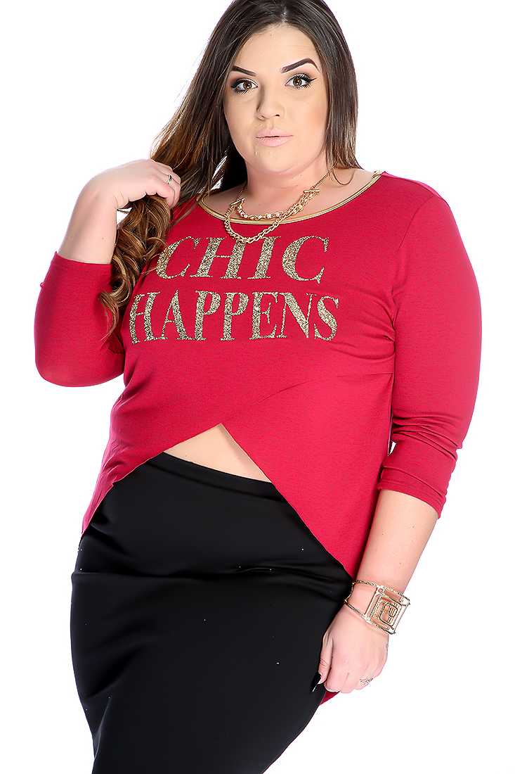 Stylish Burgundy Plus Size Half Sleeve Glitter Print Casual Top