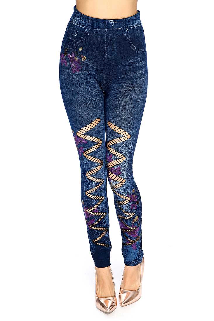 Navy Fuchsia Floral Print Chevron Perforated Jeggings