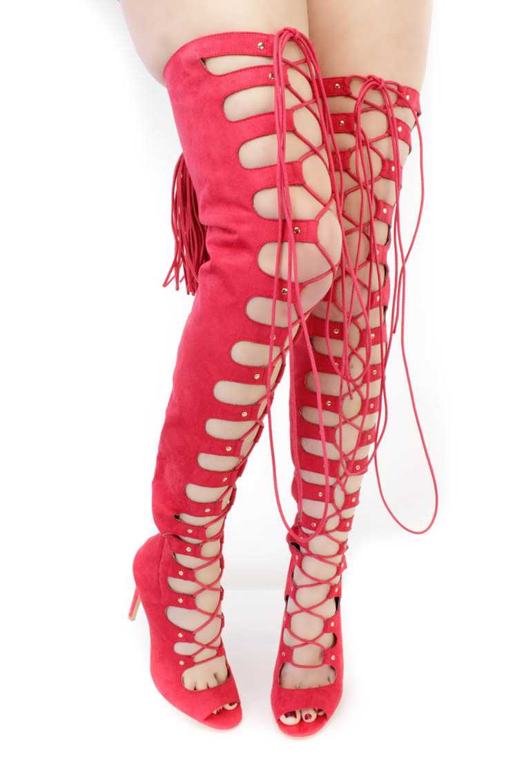 Pink Lace Up Thigh High Heel Boots Faux Suede