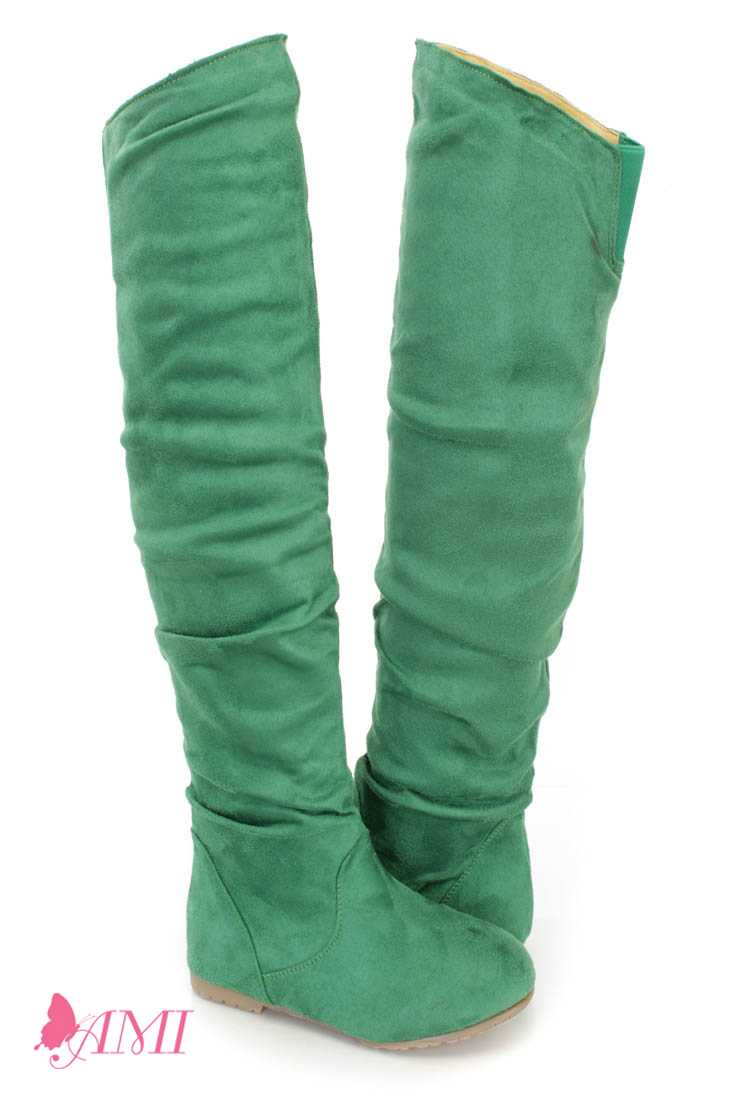 Green Slouchy Shaft Thigh High Boots Faux Suede