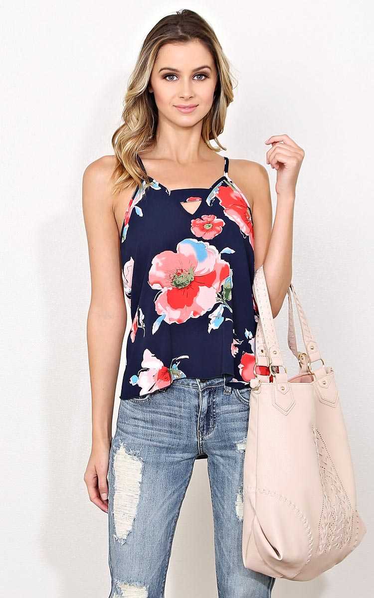 Garden Stroll Woven Crepe Tank - Navy Combo in Size by Styles For Less