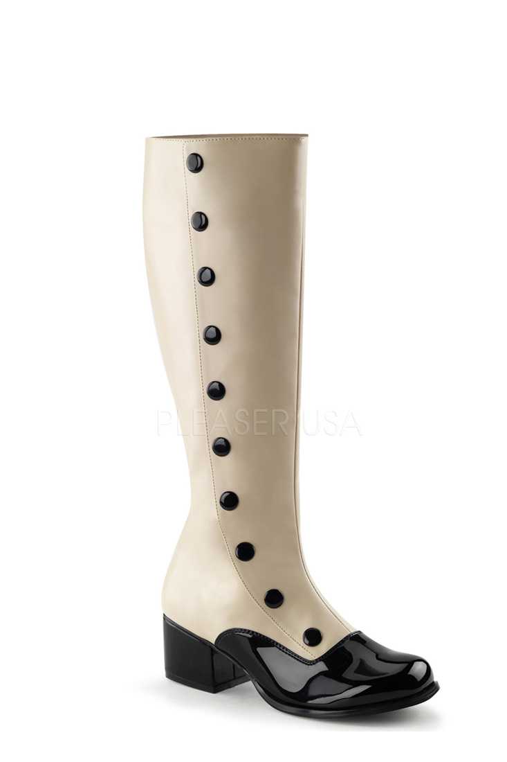 Cream Button Detailed Knee High Boots Faux Leather