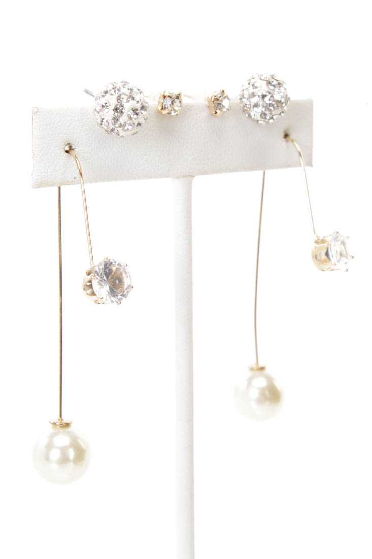 Gold High Polish Rhinestone Detailed Earring Set