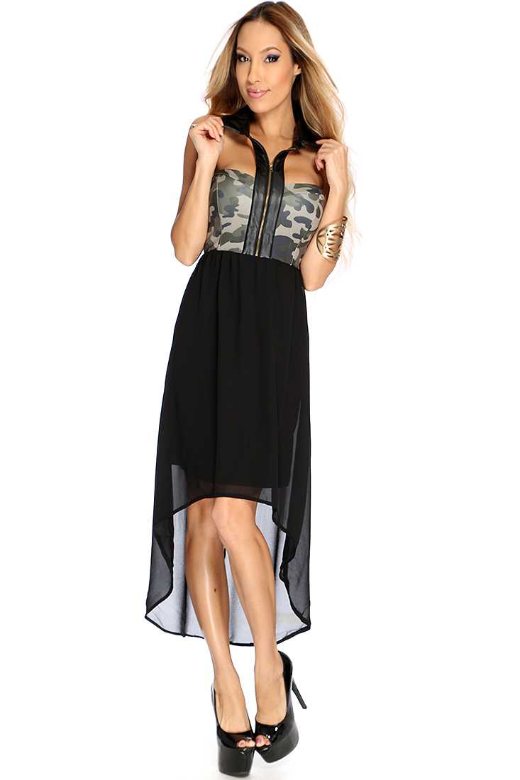 Black Army Print High Low Hem Stylish Dress