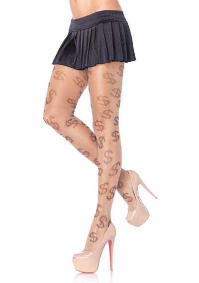 Nude Black Sheer Dollar Sign Print Pantyhose