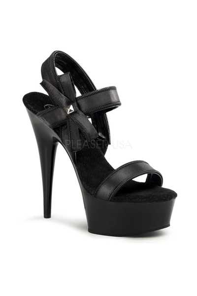 Black Satin Zipper Trim Strappy High Heels