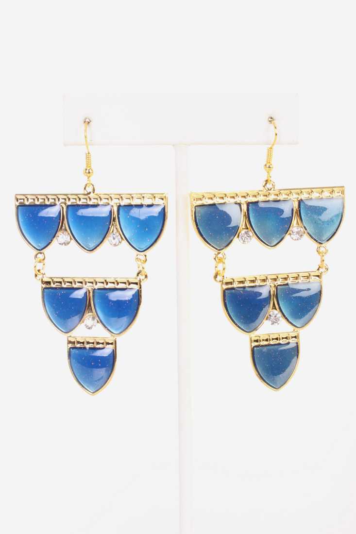 Blue High Polish Droopy Rhinestone Accent Chandelier Earrings