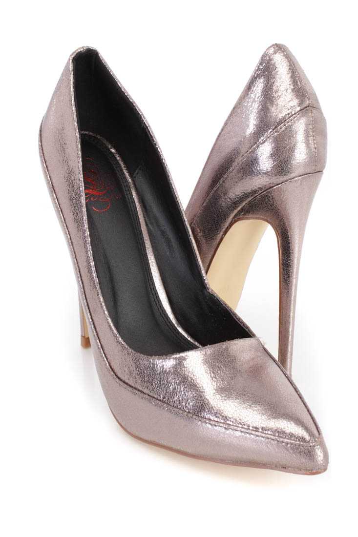 Pewter Pointed Toe Single Sole Pump High Heels Faux Leather