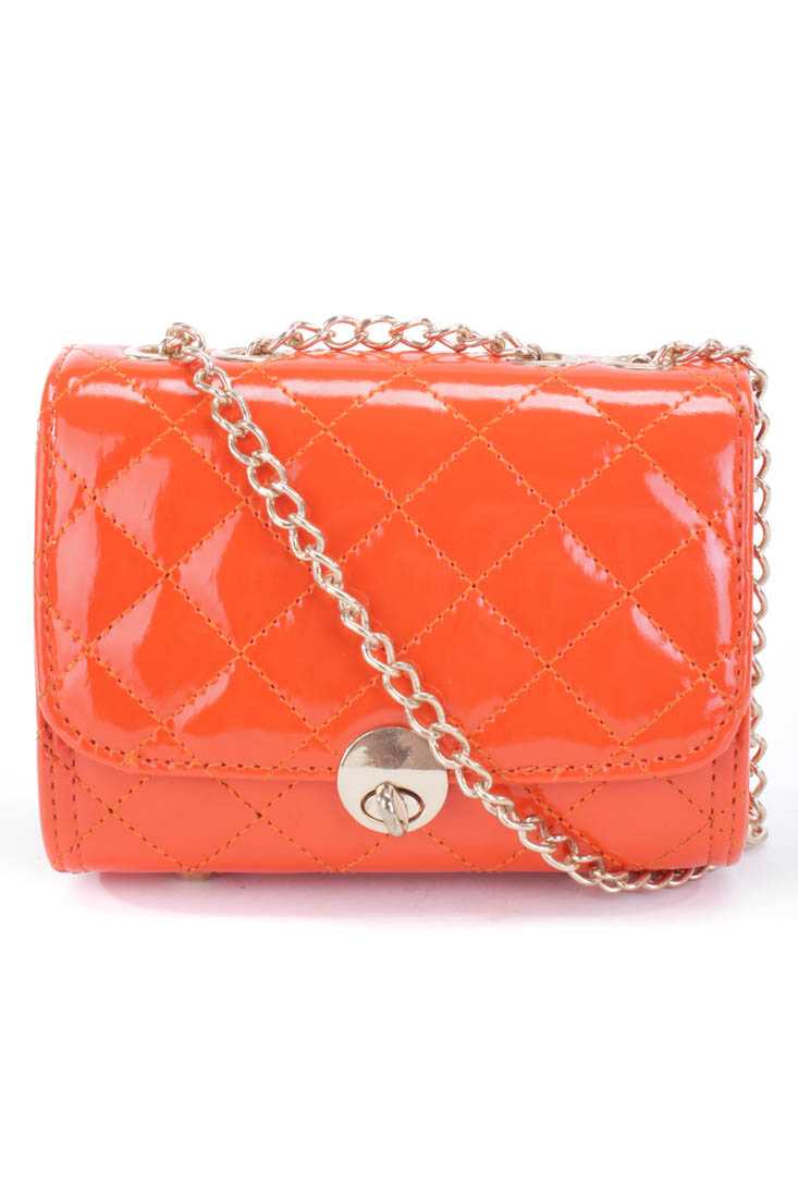 Orange Patent Faux Leather Quilted Mini Handbag
