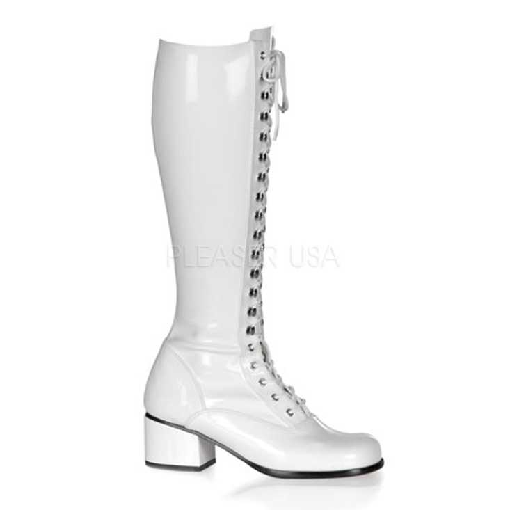 White Stretch Faux Leather Block Heel Lace Up Boots