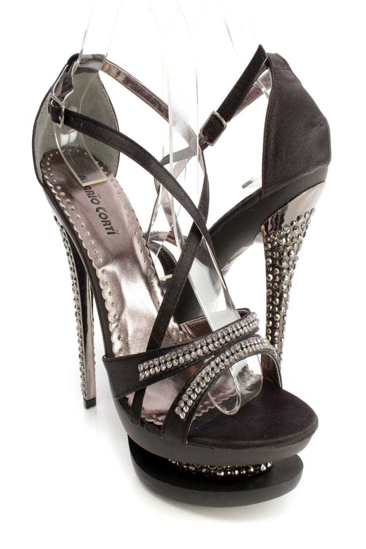 Black Rhinestone Cross Strappy 6 Inch High Heels Satin
