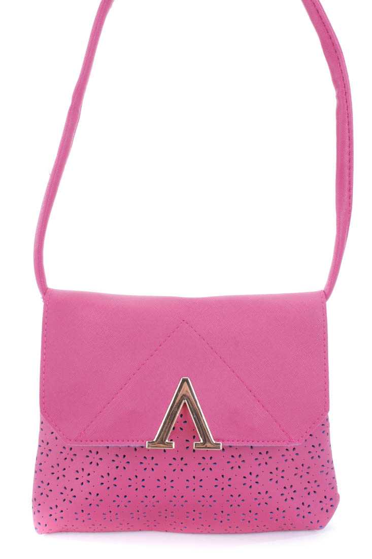 Magenta Perforated Faux Leather Crossbody Handbag