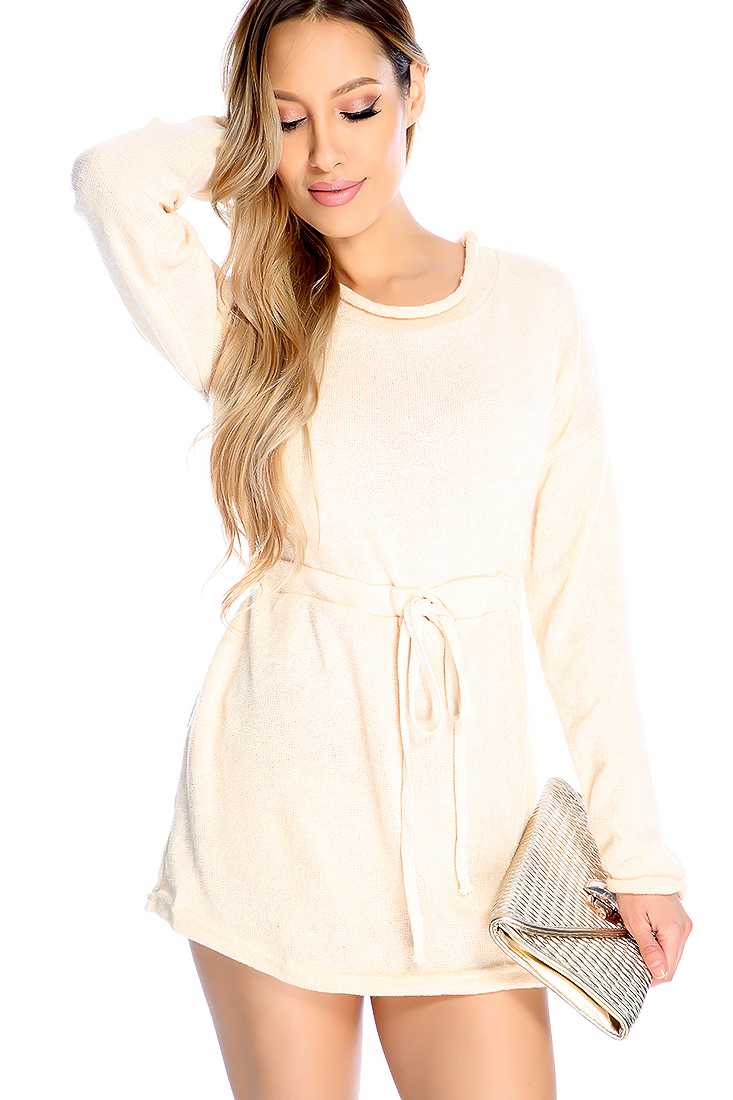 Sexy Peach Waist Tie Causal Sweater Dress