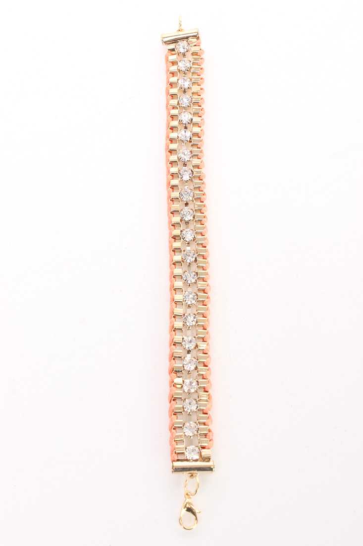 Orange Linked Braided Rope Rhinestone High Polish Bracelet