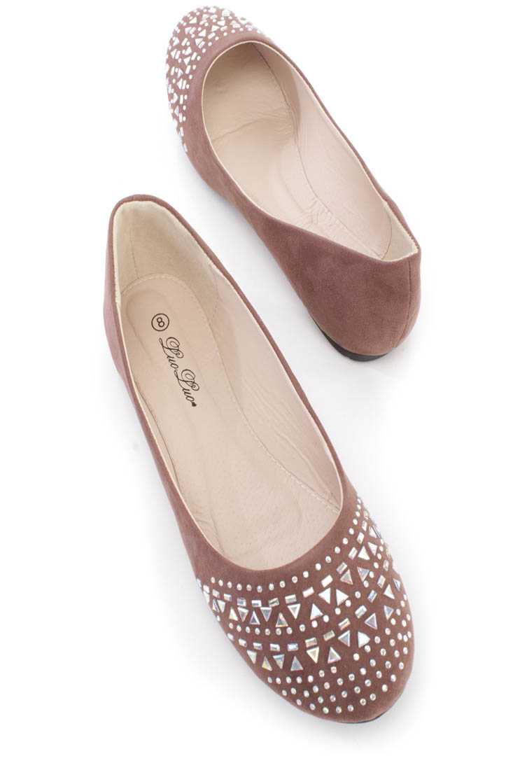 Brown Rhinestone Detailing Flats Faux Suede