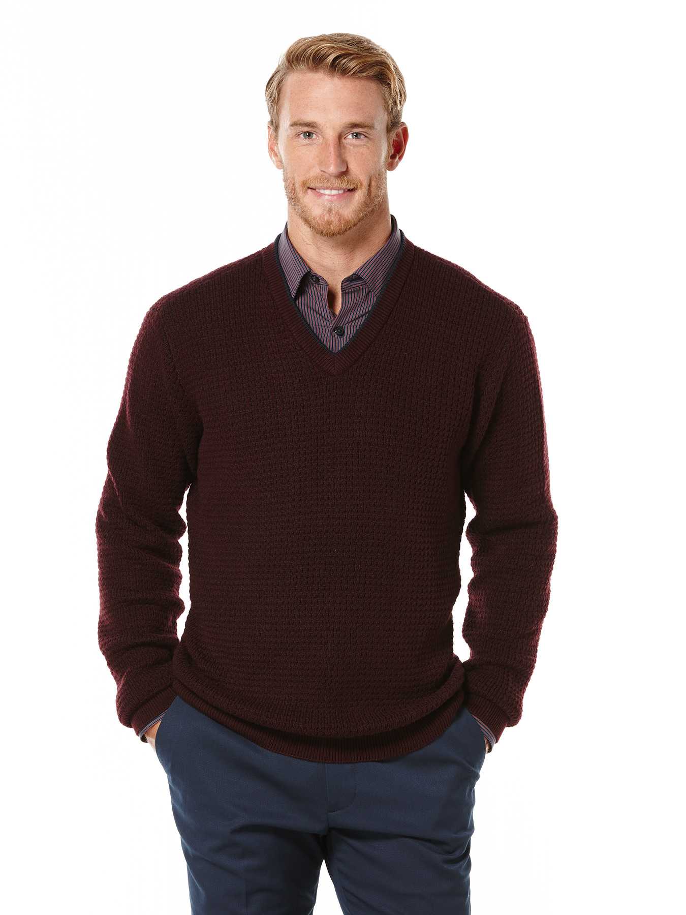 Perry Ellis Textured Waffle V-Neck Sweater