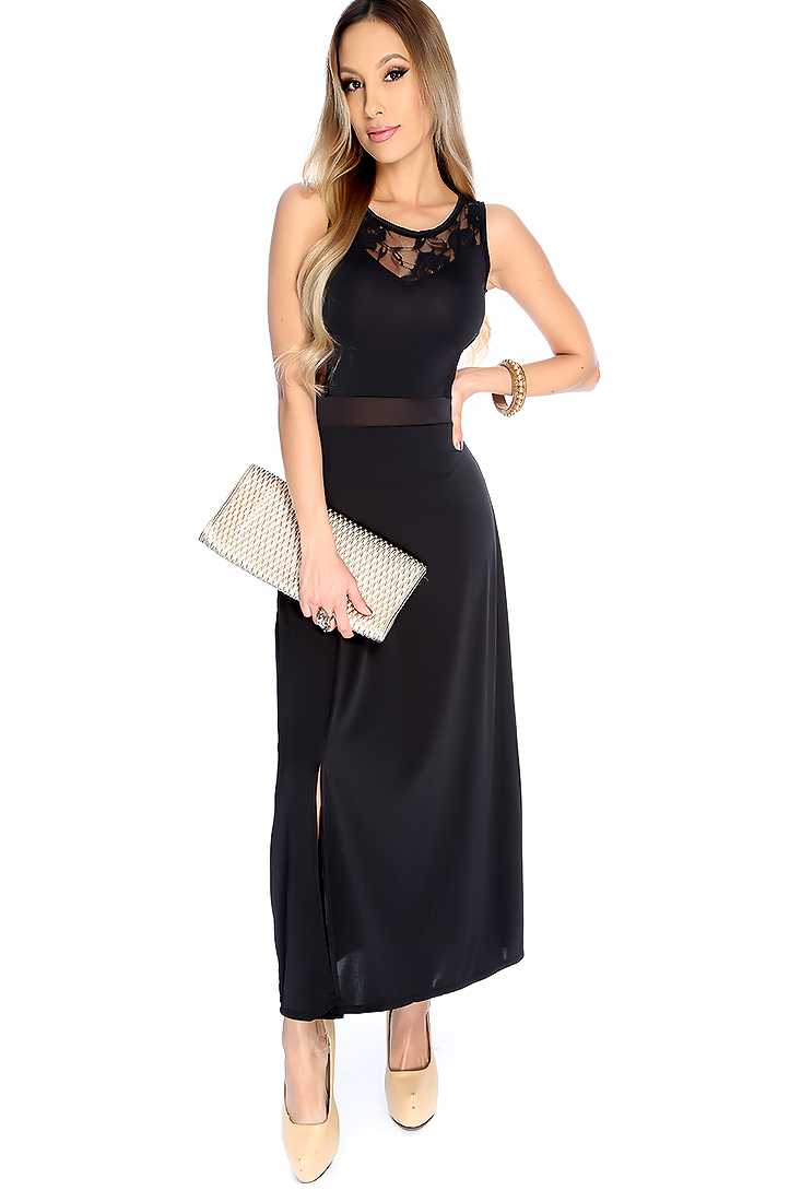 Sexy Black Floral Lace Mesh Front Slit Maxi Dress