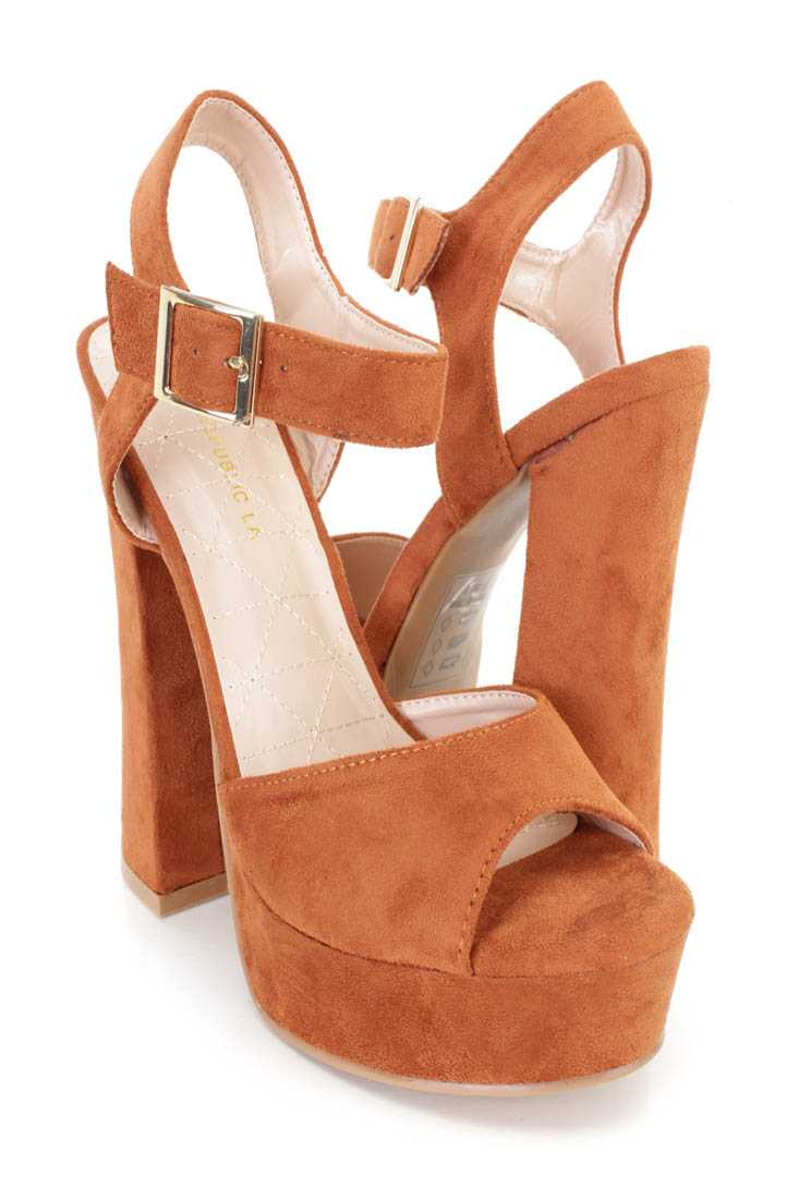 Chestnut Peep Toe Platform Heels Faux Suede