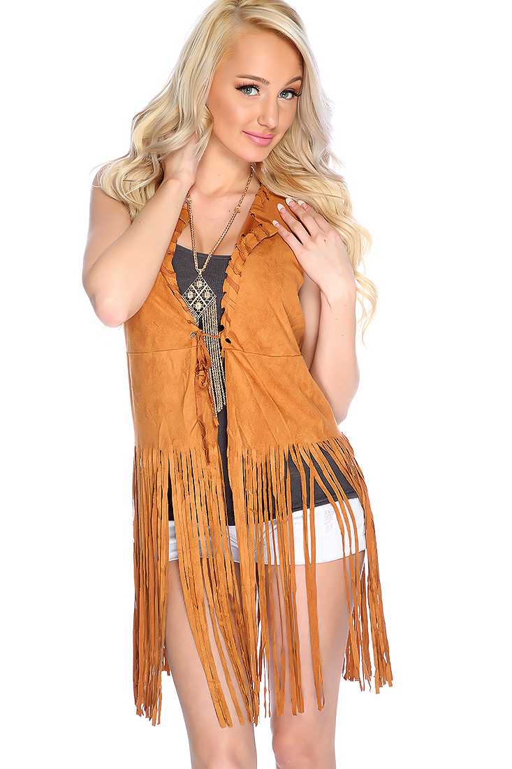 Stylish Camel Fringe Woven Cutout Vest