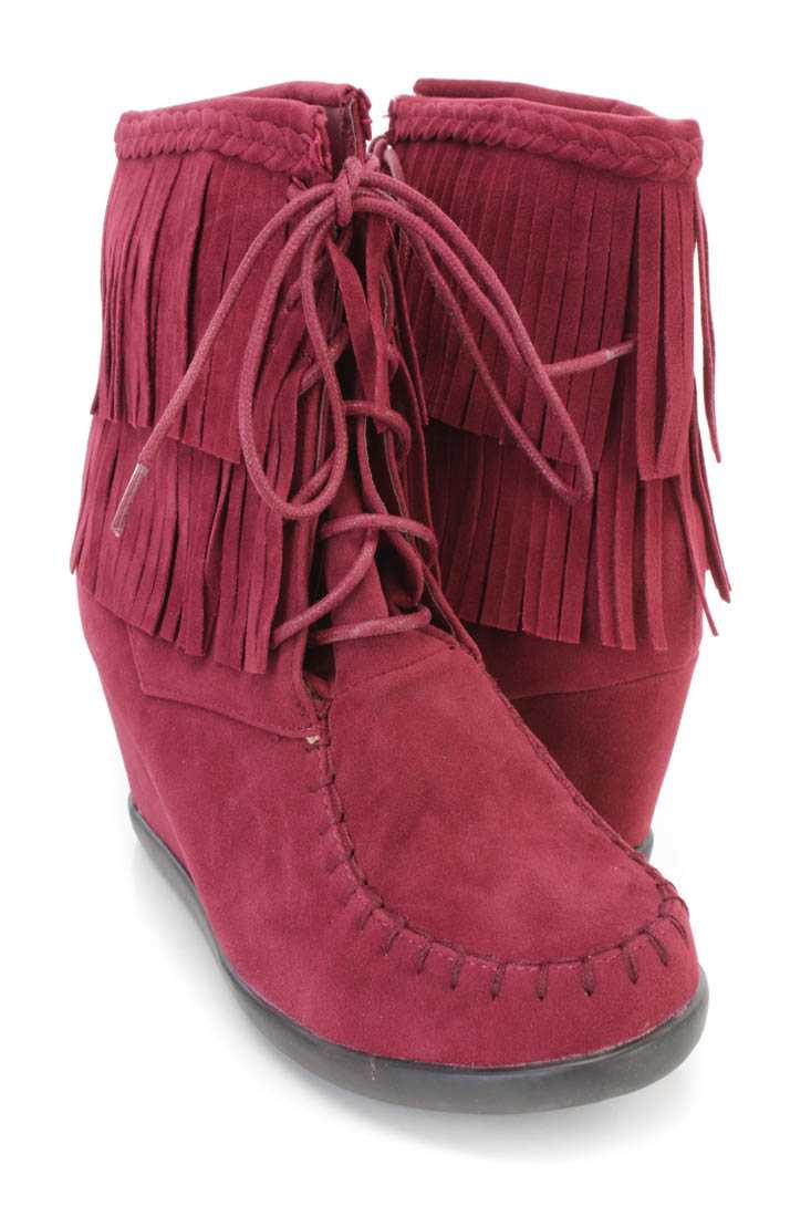 Burgundy Fringe Ankle Wedge Booties Faux Suede