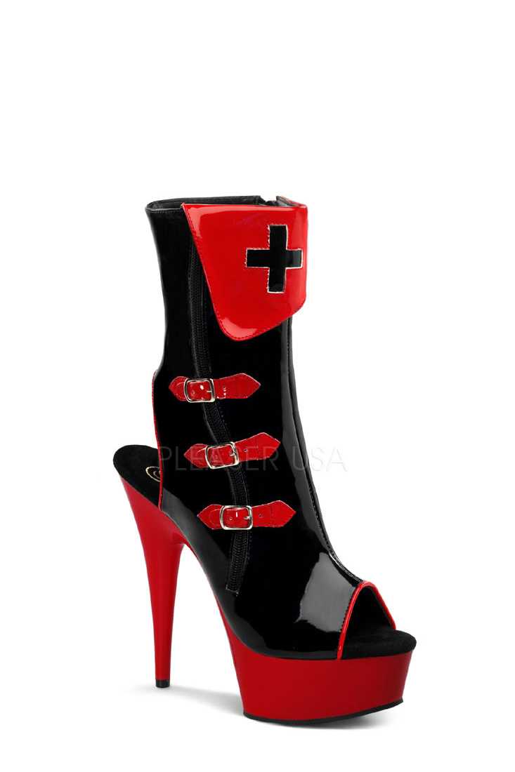 Black Red Peep Toe Platform Nurse Boots Patent