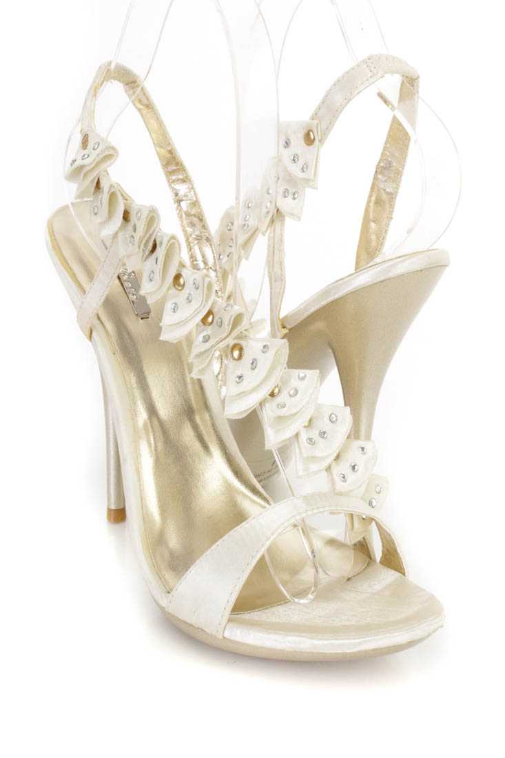 Champagne Rhinestone Ruffled Cross Strap Open Toe Heels Satin