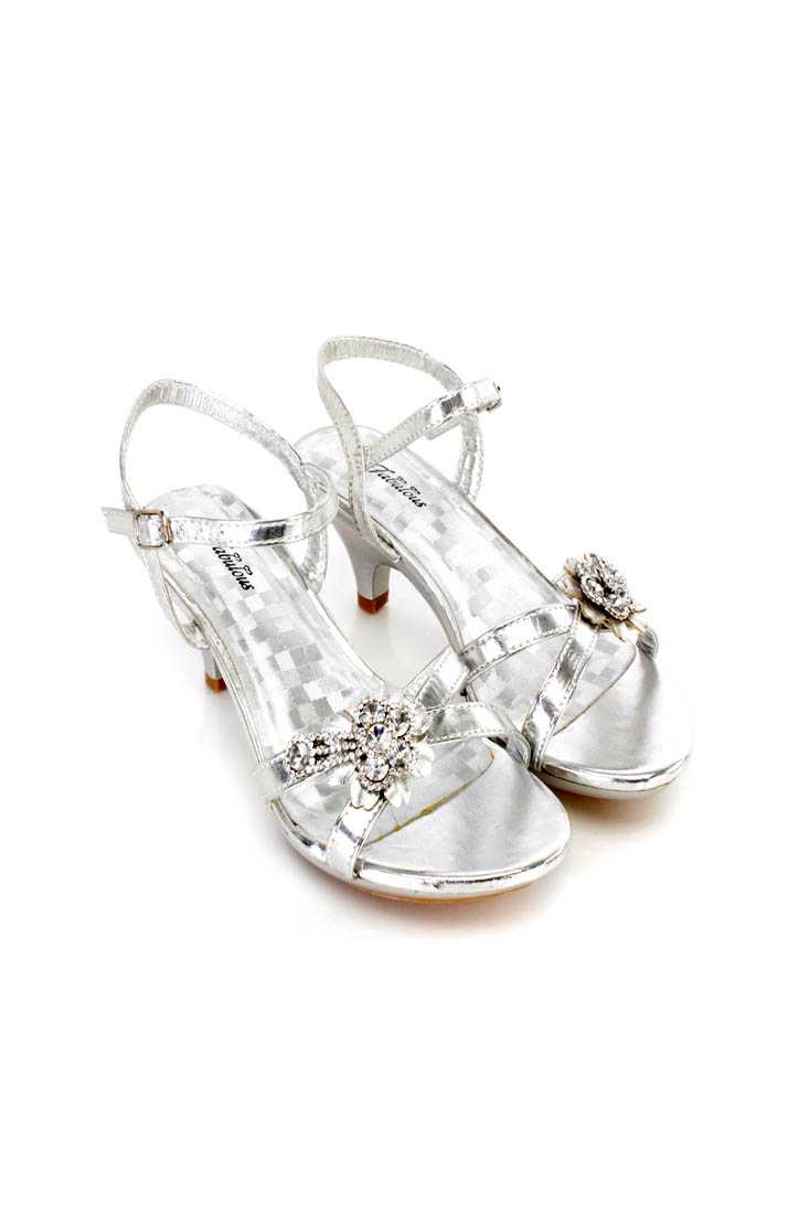 Silver Rhinestone Decor Strappy Kiddie Heels Faux Leather