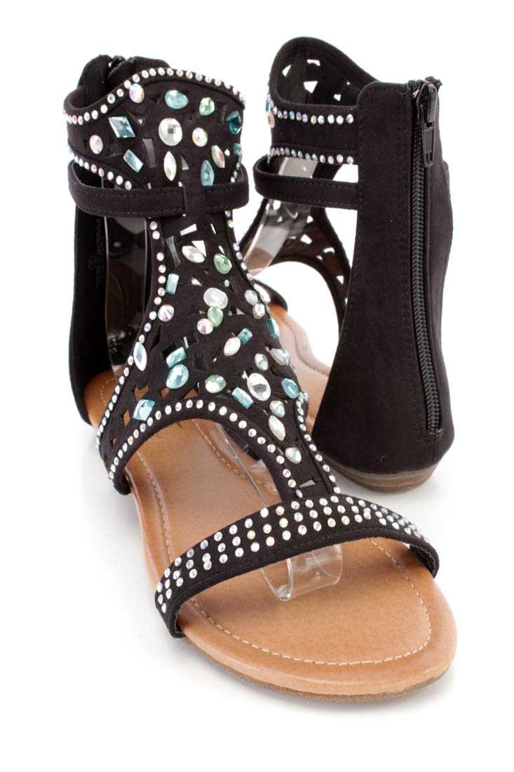 Black Rhinestone Strappy Sandals Faux Suede