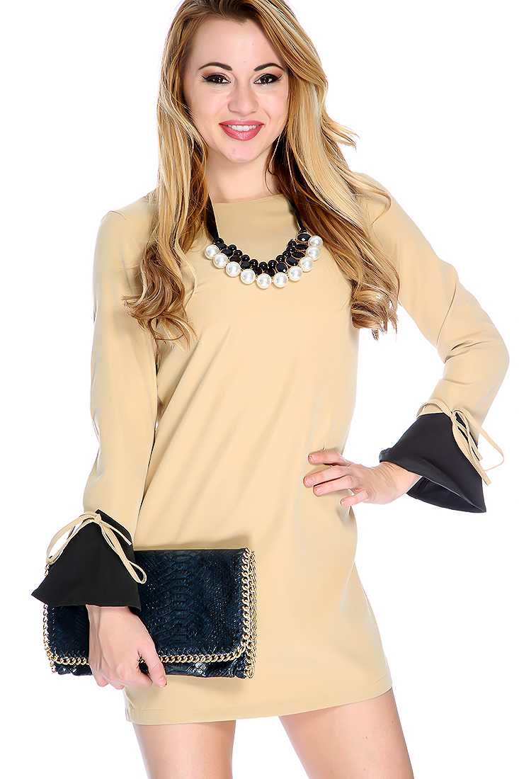 Beige Two Tone String Tie Long Sleeve Casual Dress