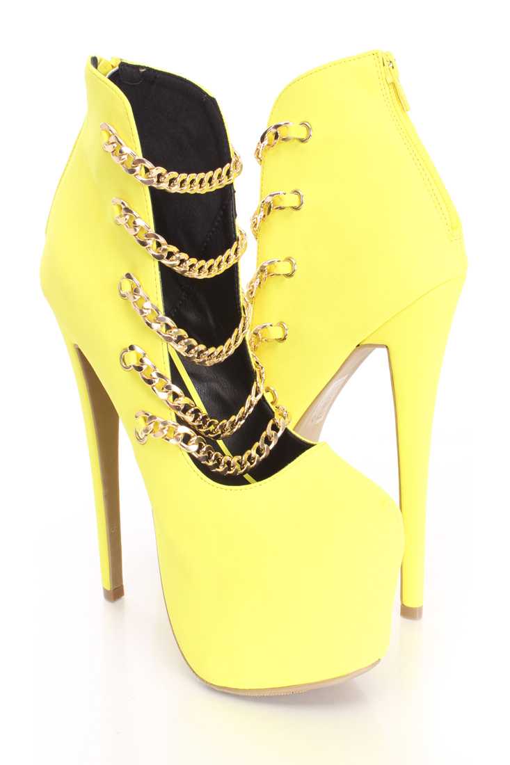 Yellow Strappy Chain Dangle Platform Heels Nubuck