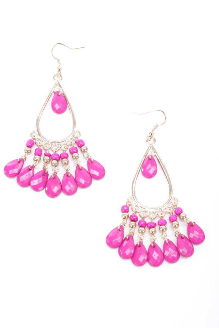 Fuchsia Gold Rain Drop Beaded Dangling Earrings