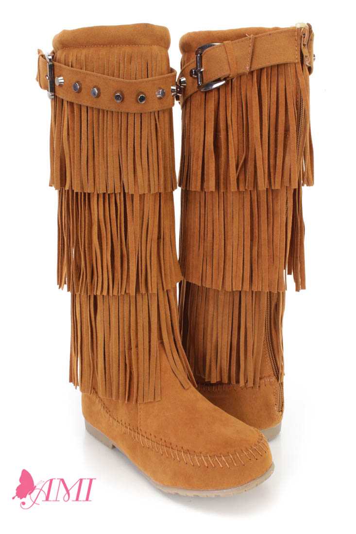 Camel Fringe Tiered Moccasin Boots Faux Suede