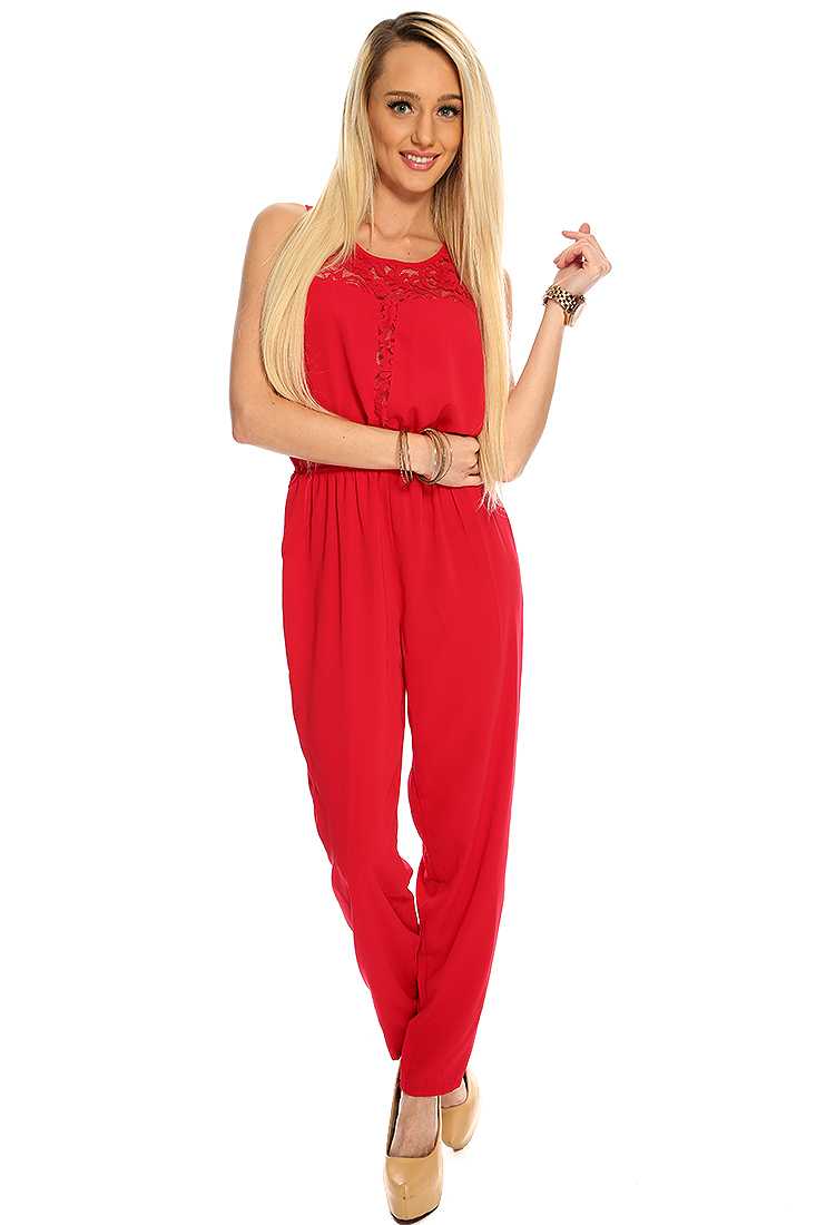 Red Floral Sleeveless Cute Casual Summer Jumpsuit