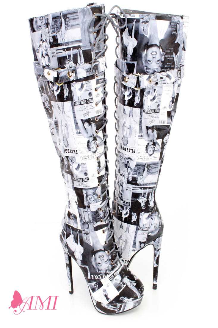 Black White Magazine Lace Up Thigh High Fall High Heel Boots Faux Leather