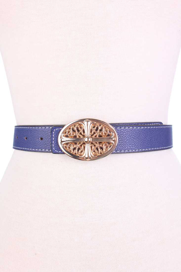 Navy Faux Leather High Polish Cross Decor Buckle Belt