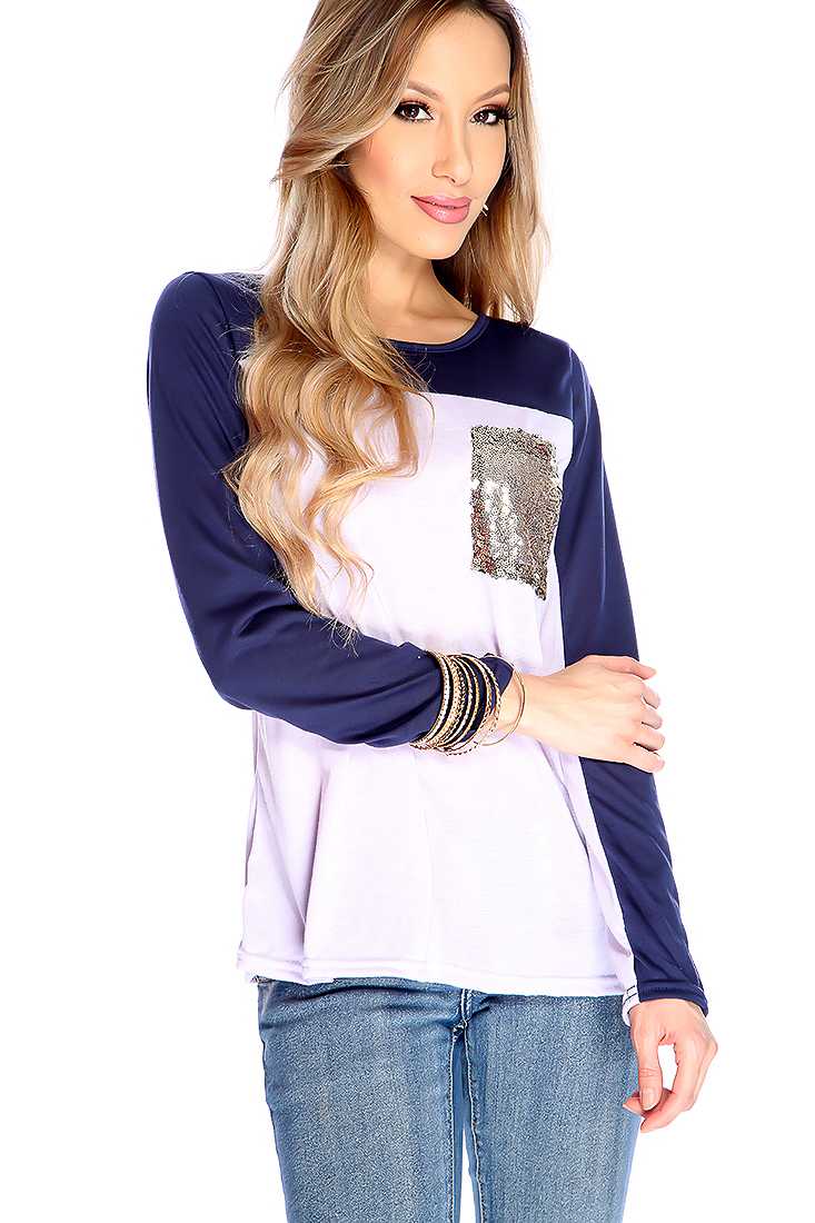 Lilac Navy Long Sleeve Sequence Detail Casual Top