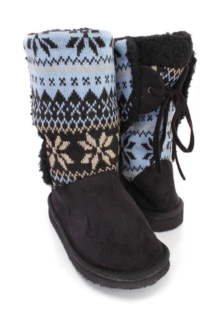 Black Fair Isle Knitted Casual Boots Faux Suede